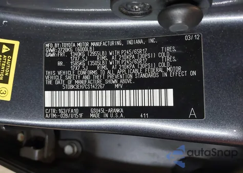 2012 Toyota Highlander Base V6 from USA, damaged, VIN 5TDBK3EH7CS142267